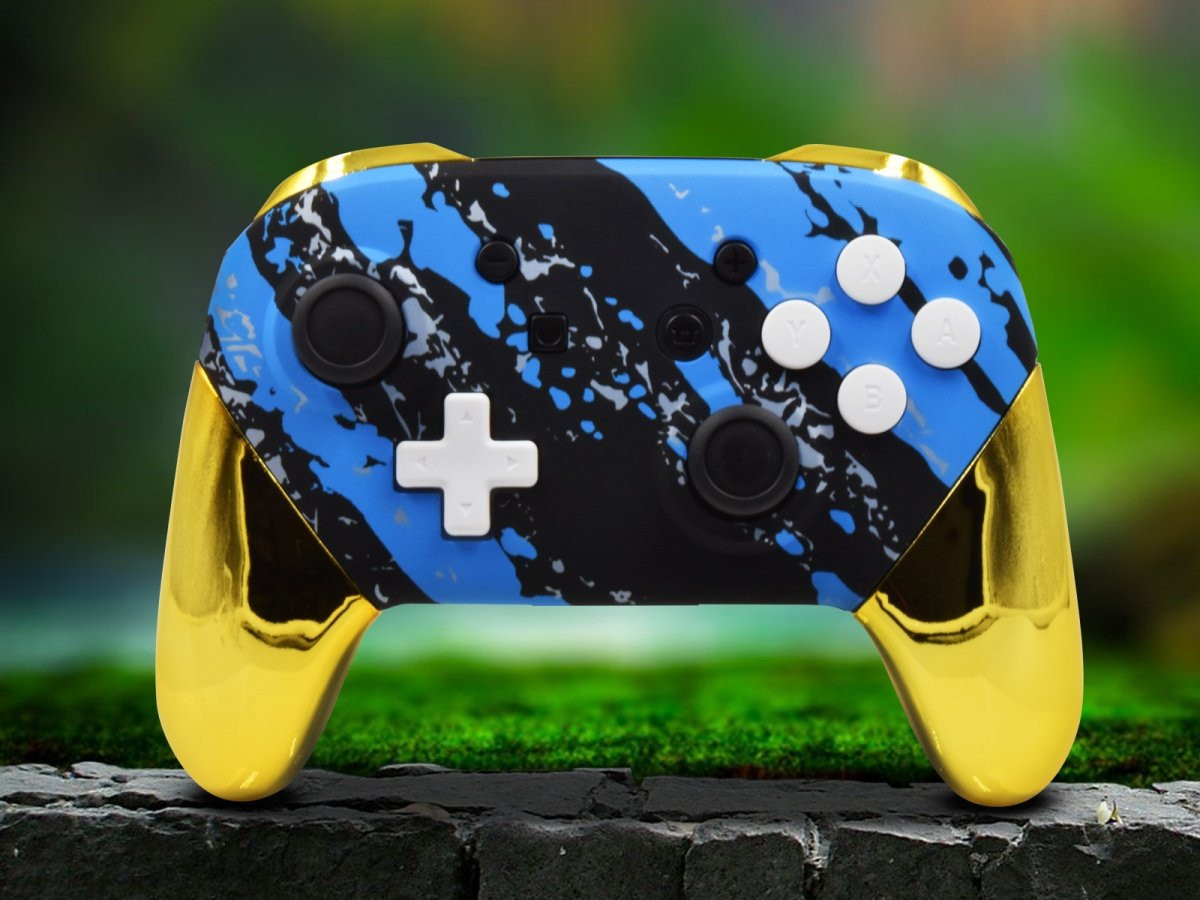 Switch Pro Custom Blue Splatter Controller With Chrome Gold Accents